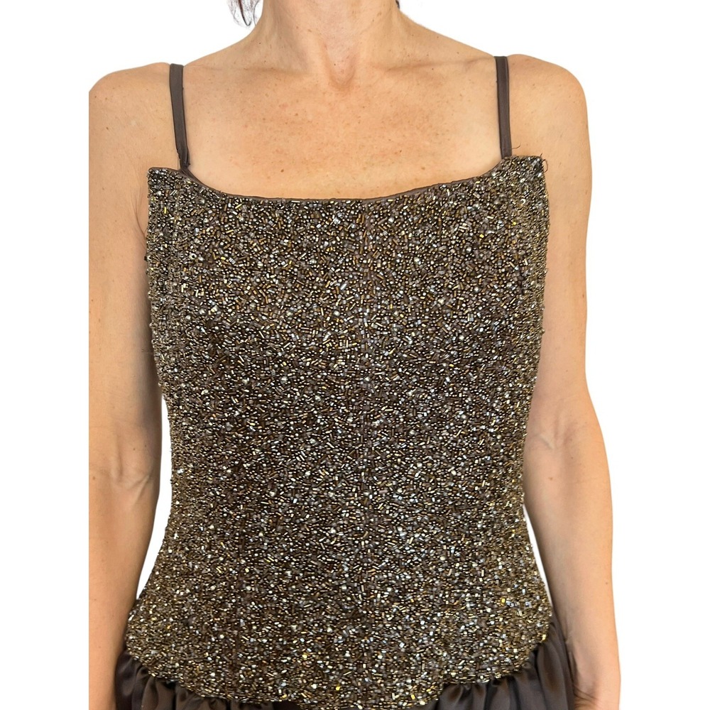 BOB MACKIE WOMEN VINTAGE 80'S SLEEVELSS BROWN BEADED SATIN BALL EVENING GOWN S/M - Picture 3 of 11